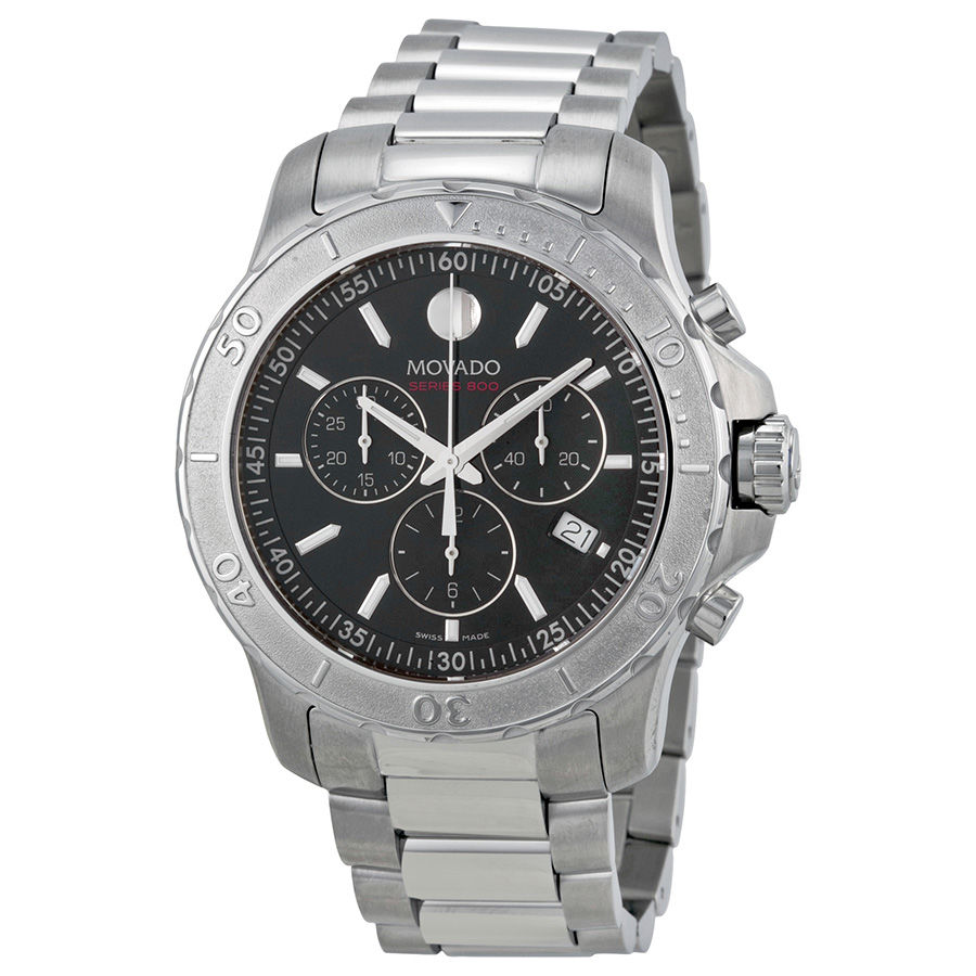 Movado Series 800 Mens Watch - Swiss Automatic - Black Chrome Case - Silver Dial - 38mm