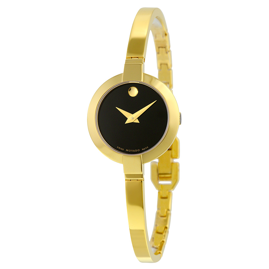 Movado Bela Auto Ladies Watch - Yellow Gold PVD - Black Dial - 25mm
