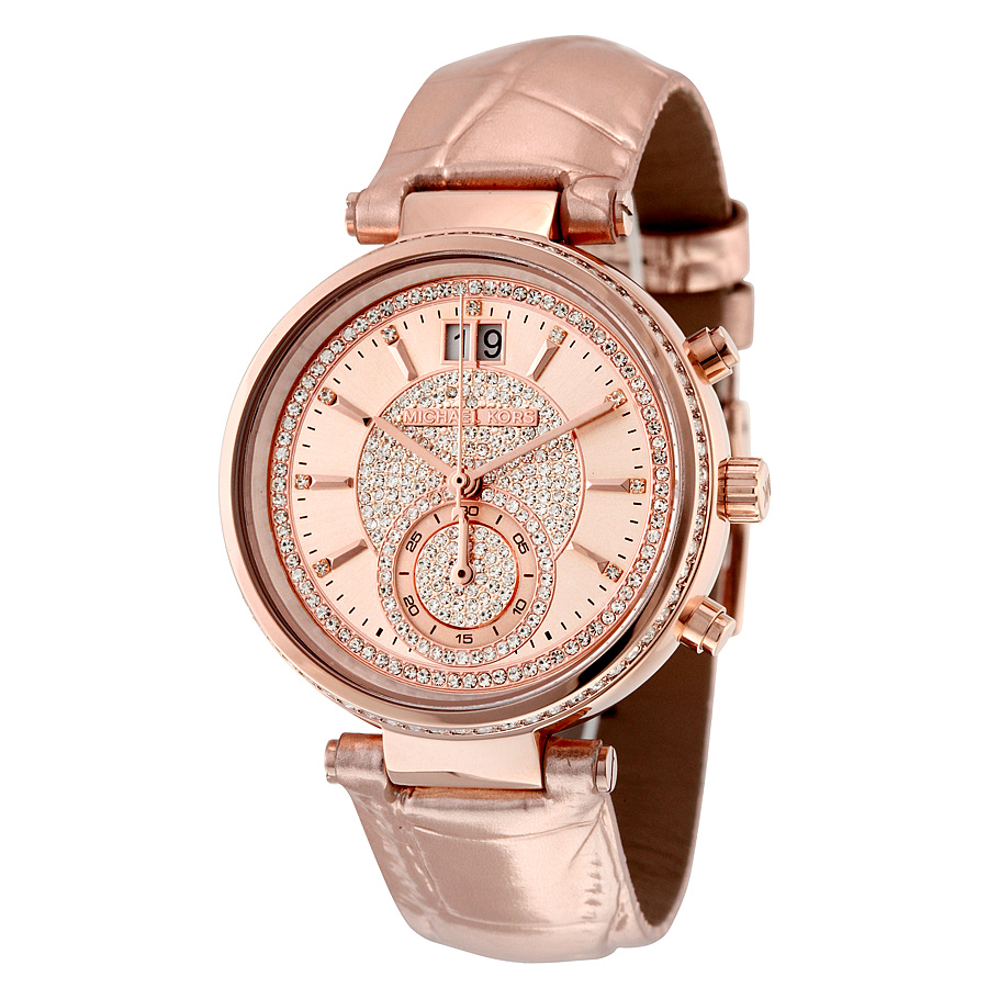 Michael Kors Sawyer MK2445 Gold-Tone Steel Watch with Crystal Pink Face