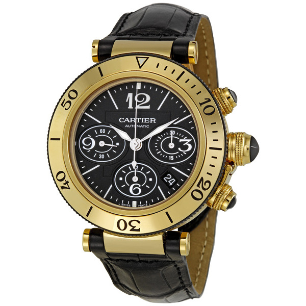 Cartier Pasha De Cartier W3030017 Mens Automatic Chronograph Watch - Sleek Black Steel Case & Dial