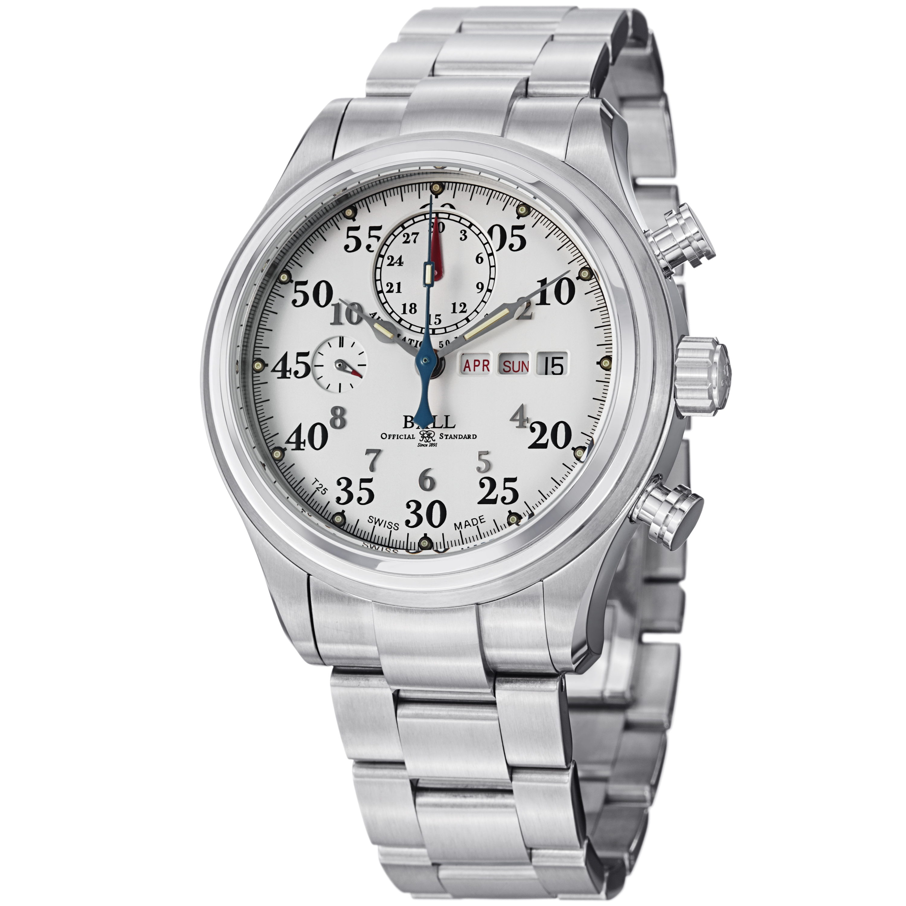 Ball Trainmaster Chronograph Swiss Automatic Silver Case White Dial Watch