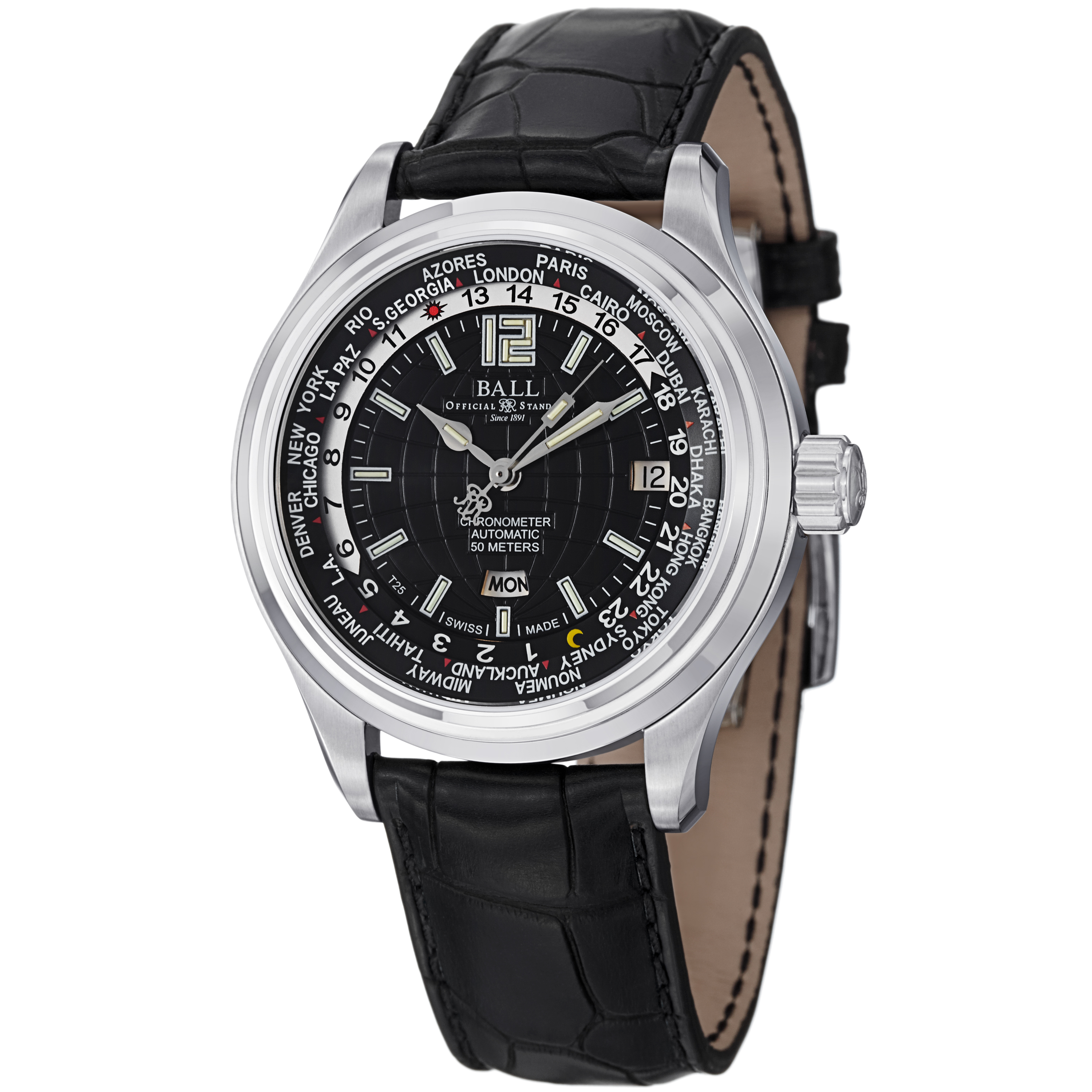 Ball Trainmaster GM1020D-L1FCAJB Automatic GMT Pilot Watch - Stainless Steel Case, Black Dial