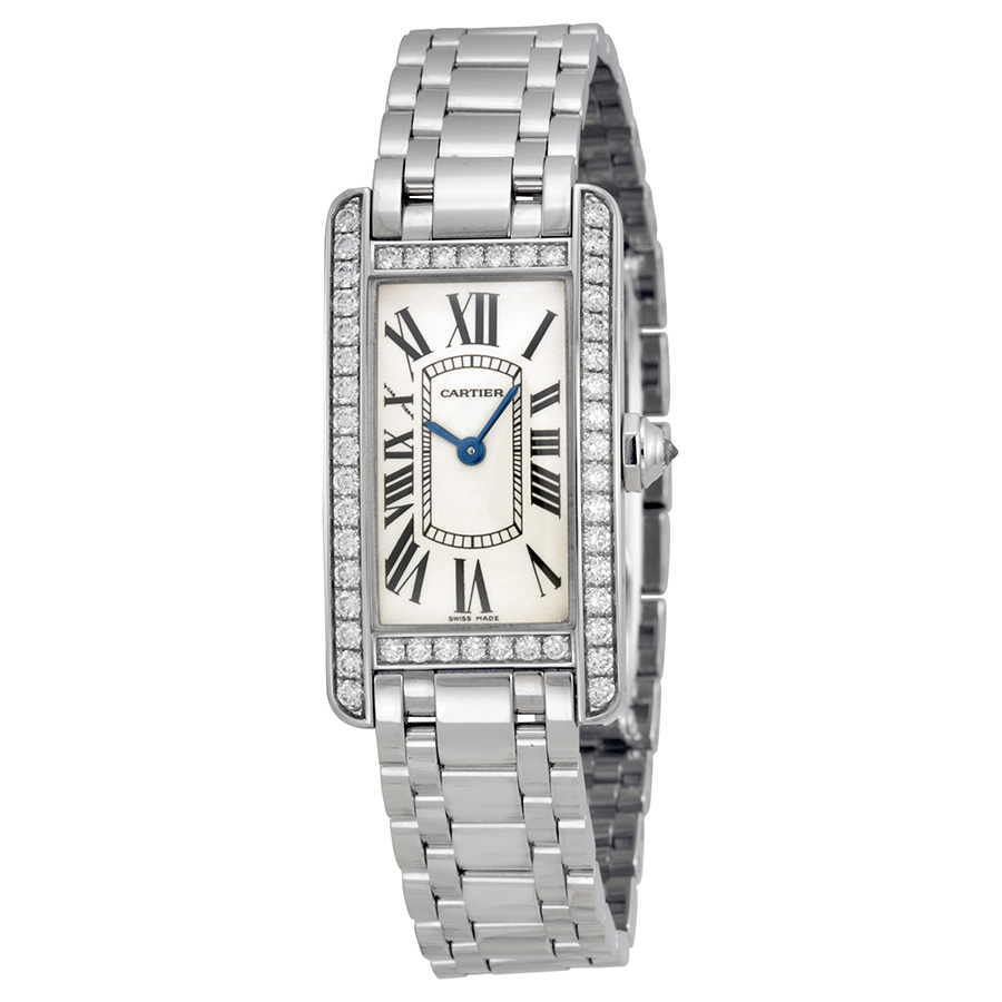 Cartier Tank WB7073L1 Imitation 18K White Gold Ladies Watch with Bezel Set Diamonds