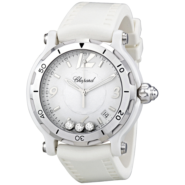 Chopard Happy Sport Lady's Watch: Diamond-Crusted Case, Silver Dial, 28mm, Water-Resistant