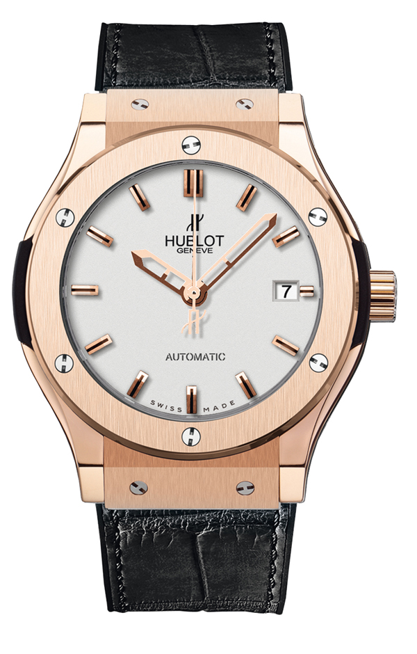 Hublot Classic Fusion Clone Auto 42mm Gold Bezel Jet Black Face Water-Resistant Watch