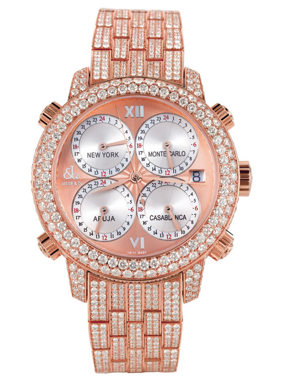 Jacob & Co. World Timepiece 24hr Swiss Clone w/ Jet Black Face & Stainless Steel Case