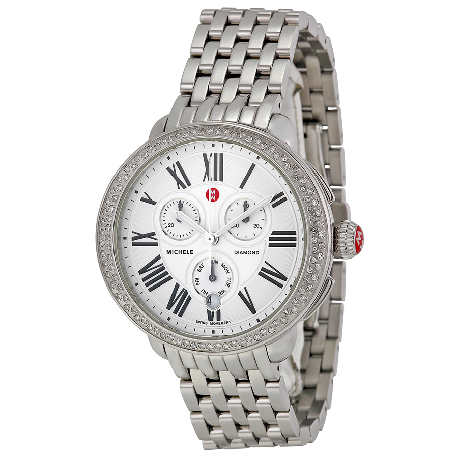 Michele Serein Clone Automatic 18k White Gold Bezel Set Jet Black Face Steel Watch