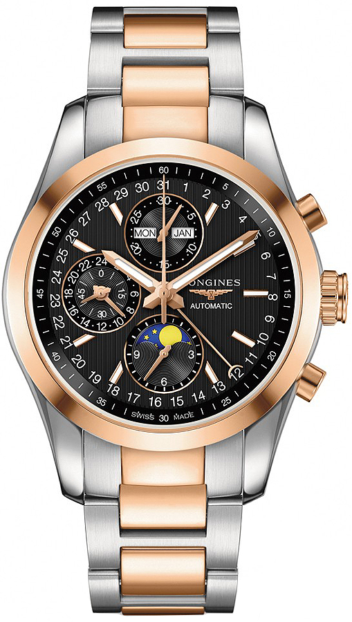Longines Avigationer Chronograph Steel Case Jet Black Dial Mens Watch