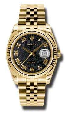 Rolex Datejust 36mm 18K Gold Black Roman Dial Jubilee Watch