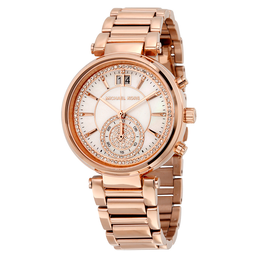 Michael Kors MK6282 Sawyer Ladies Watch: Glamour Rose Gold Steel Automatic with Crystal Blue Dial