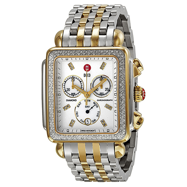 Michele MWW06Z000013 Lady's Swiss Clone, Mini Gold-Plated Case, Pink Gold-Tone Hands & Bezel, Sparkling Dial Watch