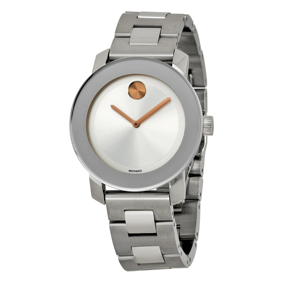Replica Movado Bold Ladies Watch: Elegant Stainless Steel Case with Polished Bezel and White Mother of Pearl Dial