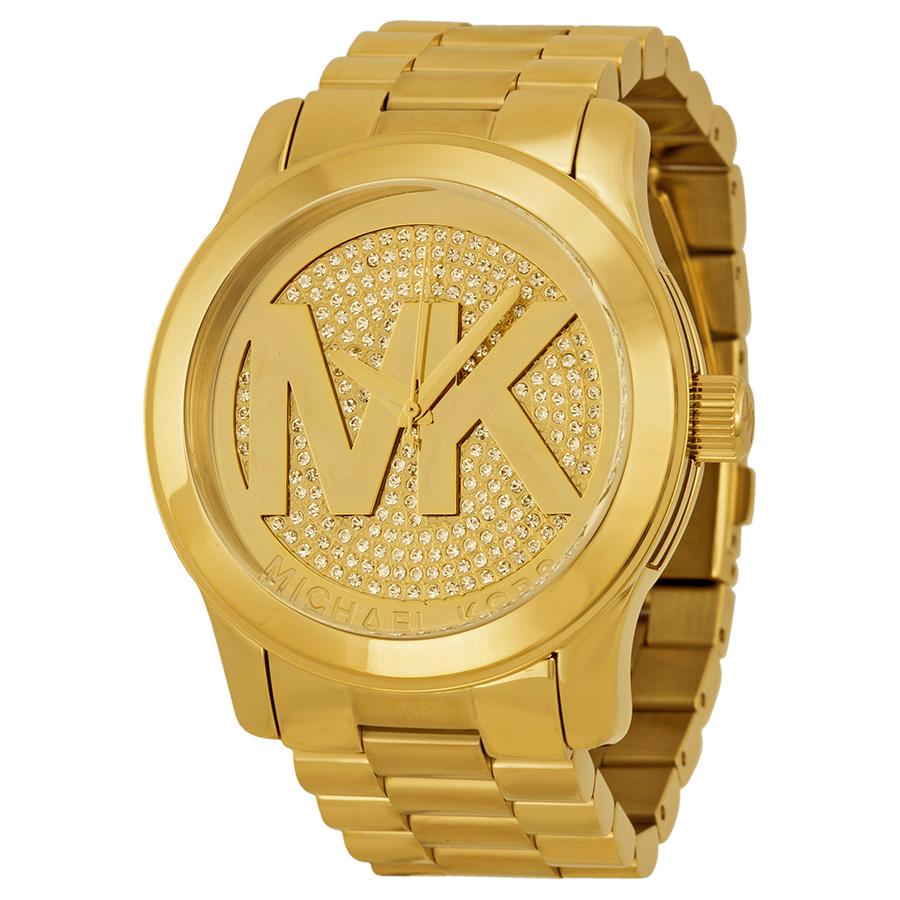 Michael Kors Runway MK5706 Gold Crystal Pave Large Embossed MK Luxury Replica Watch