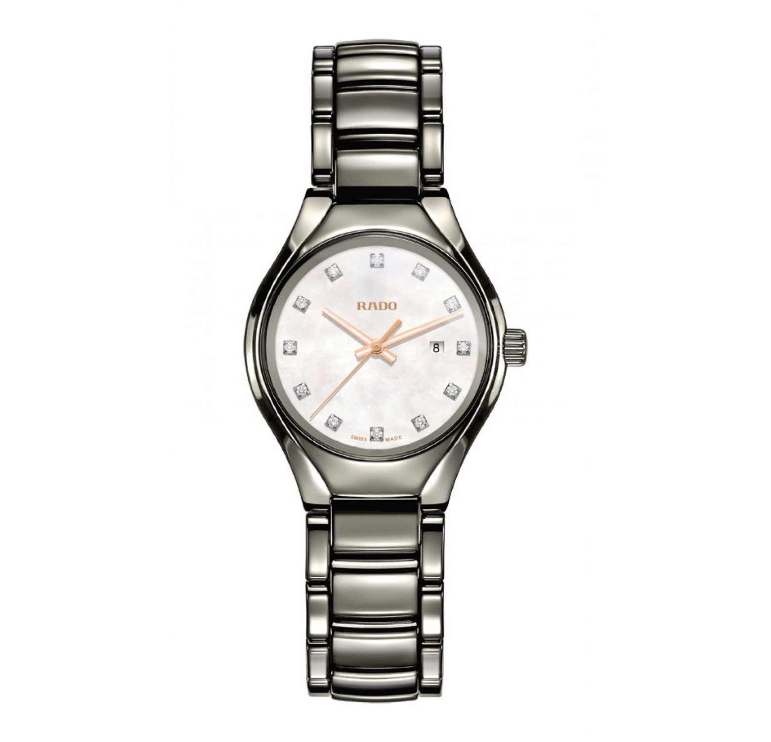 Rado TRUE Lady's Watch: Automatic Pink Gold-Tone Case with White Dial & Chain Bracelet