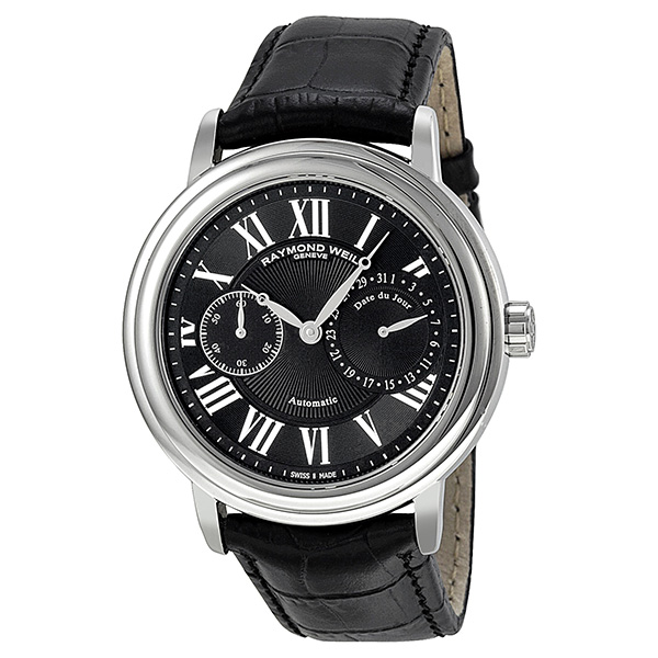 Raymond Weil Maestro Swiss Automatic Mens Watch - Polished Steel Case - Black Chrome Dial