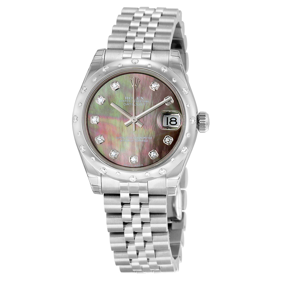 Rolex Imitation Lady's Watch - Black Diamond Bezel - Mother of Pearl Face