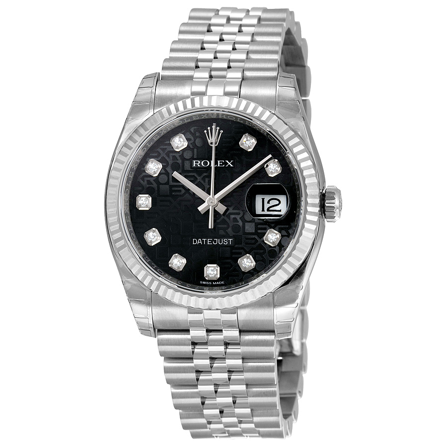 Rolex Datejust 36mm Steel Watch with Black Diamond Dial & Jubilee