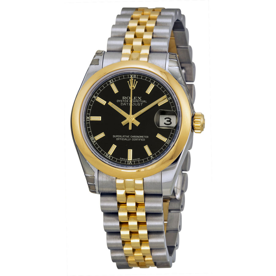 Gold-Clad Rolex Datejust 178243BKSJ Automatic Watch with Jet Black Face & Stainless Steel