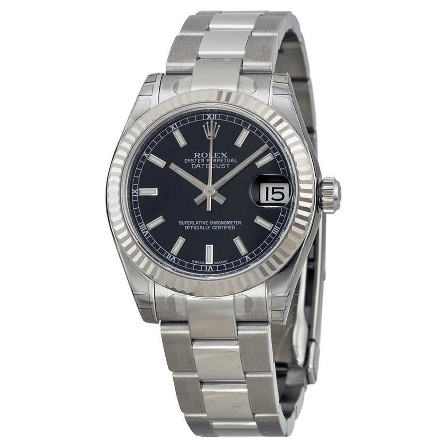 Classic Rolex Datejust Clone, Black Dial, Swiss Automatic, 31mm Steel Case Watch