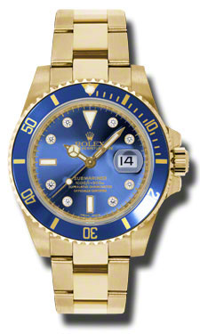 Rolex Submariner Blue Gold Replica Watch - 18k Yellow Gold Case