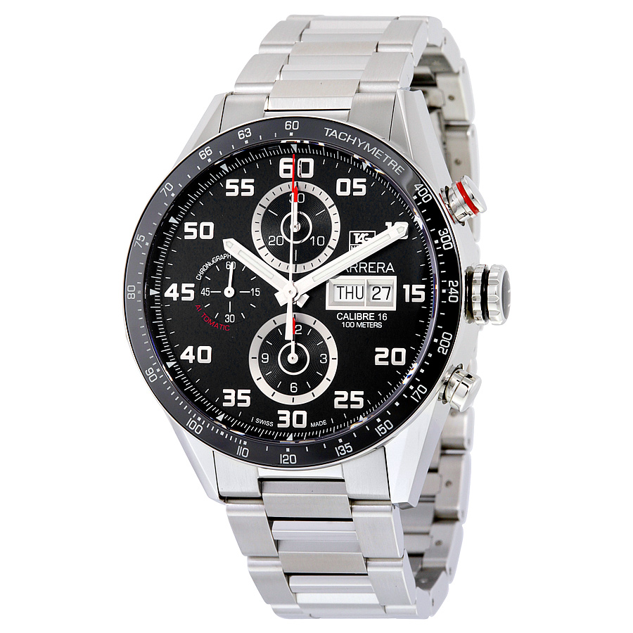 Tag Heuer Carrera Stainless Steel Auto, Jet Black Face, 41mm, 200m Water Resistant Watch